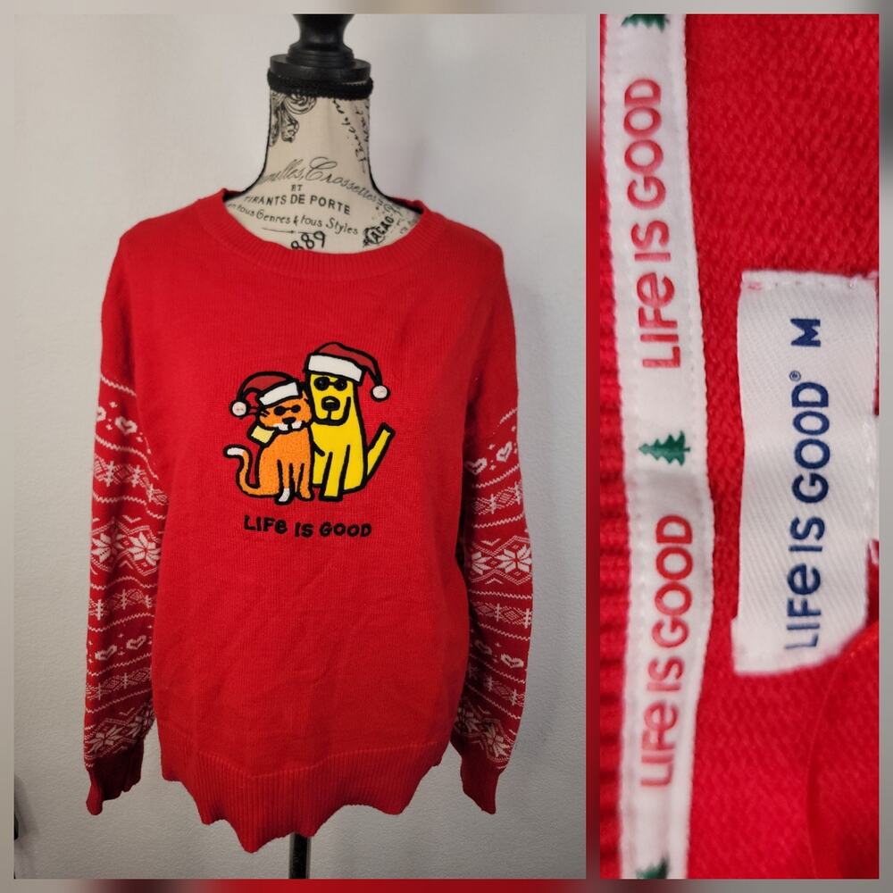 Life Is Good Dog & Cat Embroidered Holiday Sweater Size M Red Christmas, Trendy